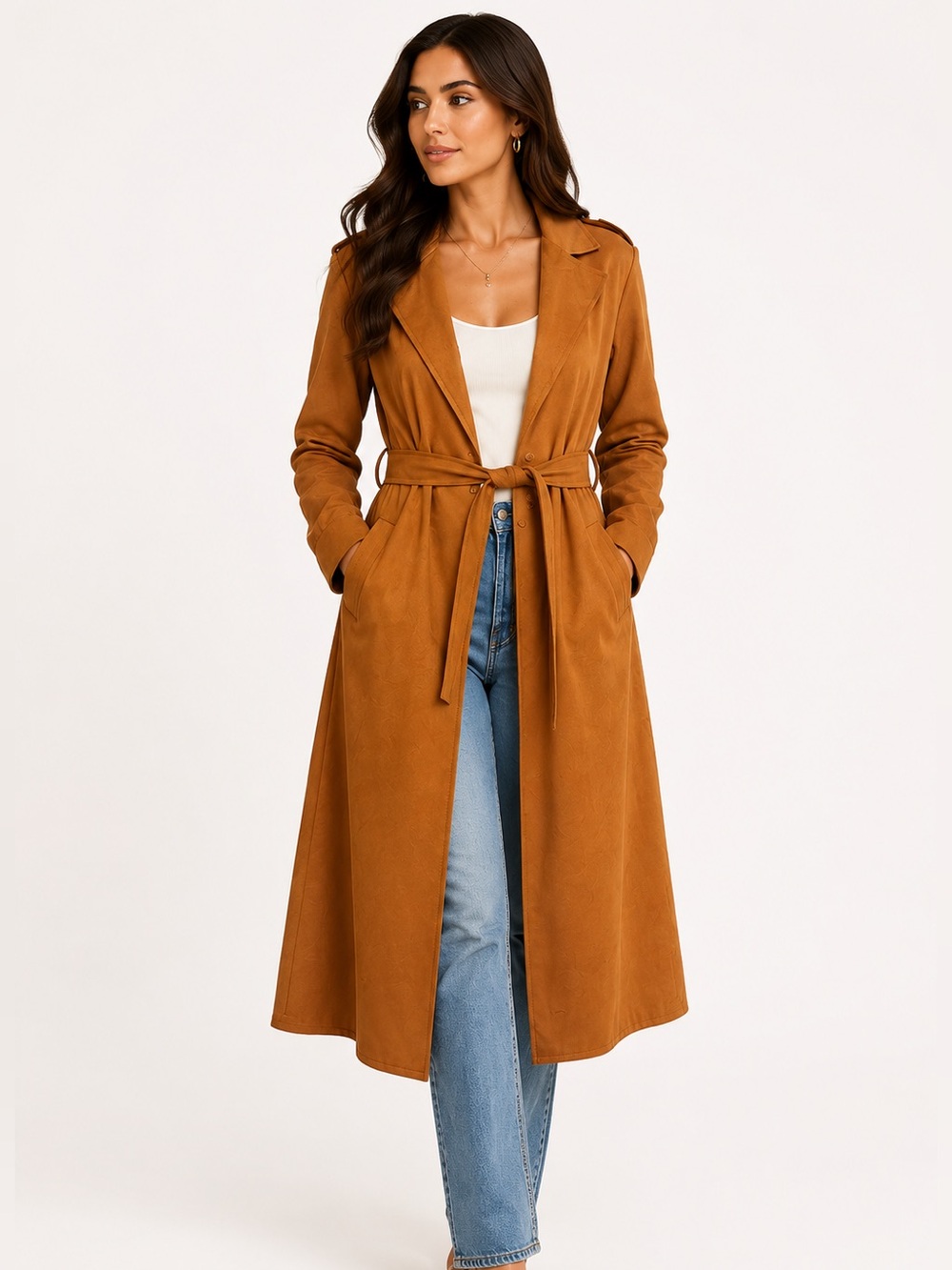 Prettygarden Camel Faux Suede Belted Duster Trench Coat S Longline
